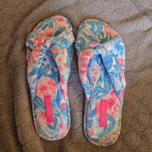 Lilly Pulitzer Blue and Pink Floral Terry Cloth Slide Slippers